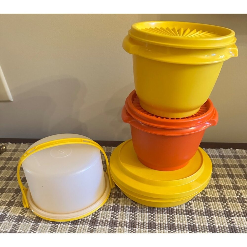 Vintage Tupperware Storage Lot Containers with Lids Yellow & Orange  Bowls w lid